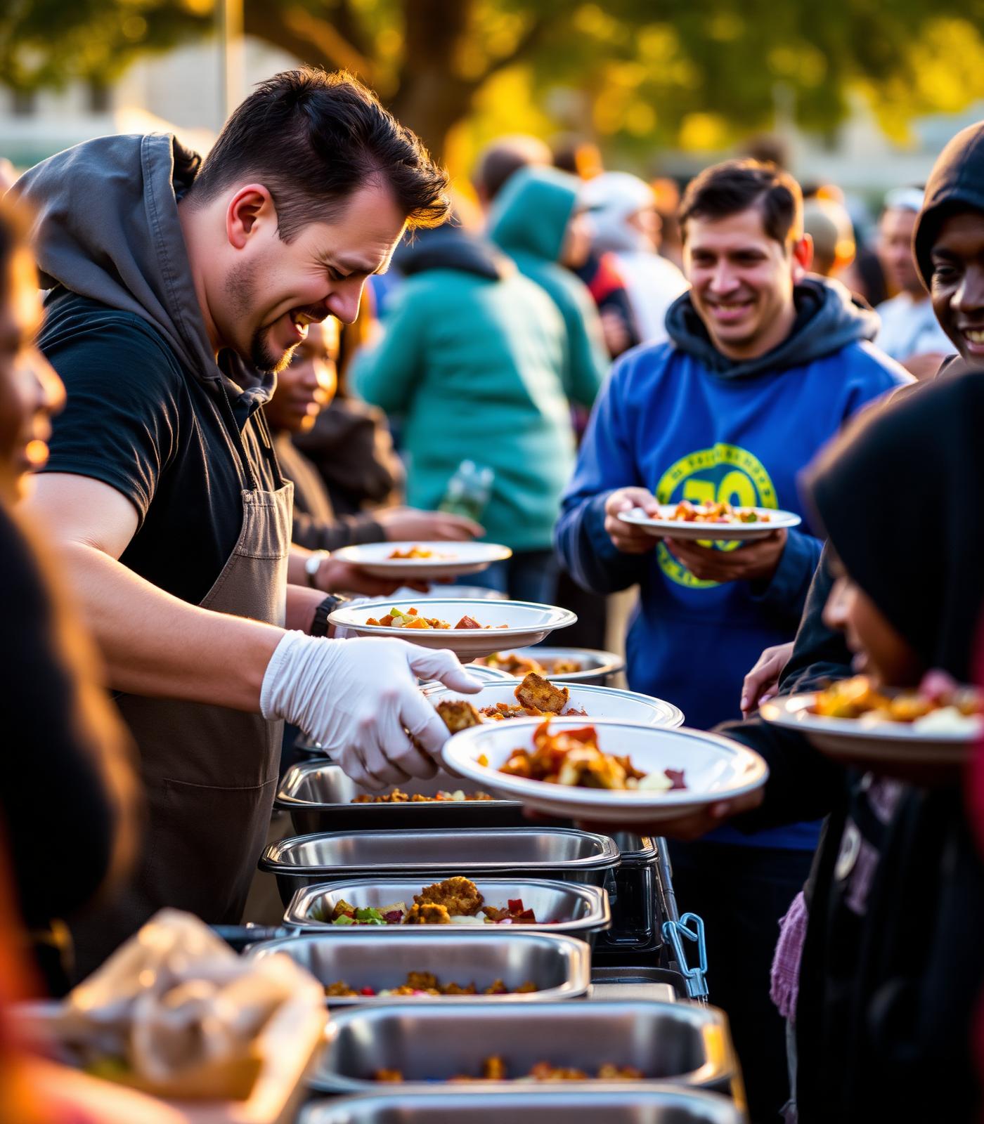 Volunteers handing out warm meals at a community food outreach